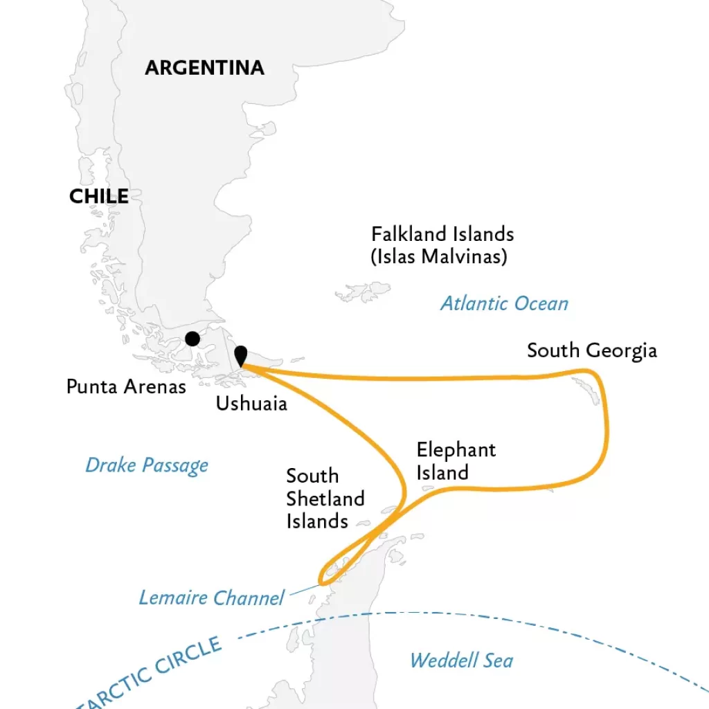 Carte de l'expédition "South Georgia and Antarctic Cruise" par Quark Expeditions. Itinéraire de 16 jours